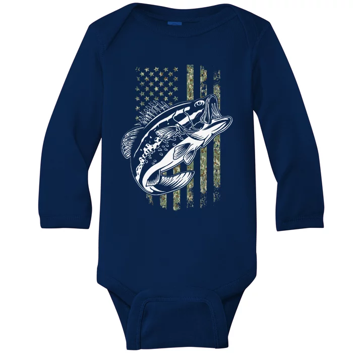 Bass Fishing American Camo USA Flag For Fisherman Baby Long Sleeve Bodysuit