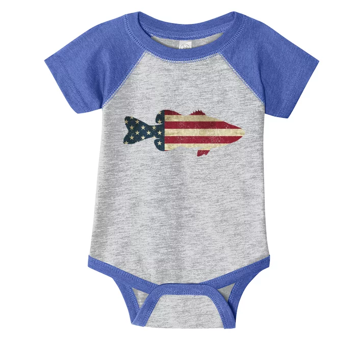 Bass Fishing American Flag Vintage Patriotic Fisherman Gift Infant Baby Jersey Bodysuit