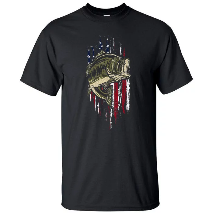 Bass Fishing American Flag 4th Of July Gift For Fisherman Tall T-Shirt