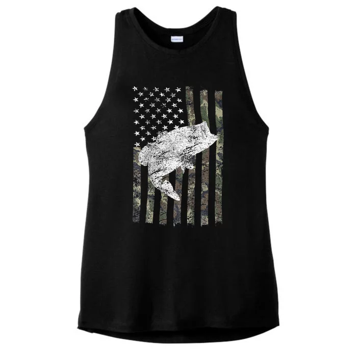 Bass Fishing American Camo USA Flag For Fisherman Ladies Tri-Blend Wicking Tank