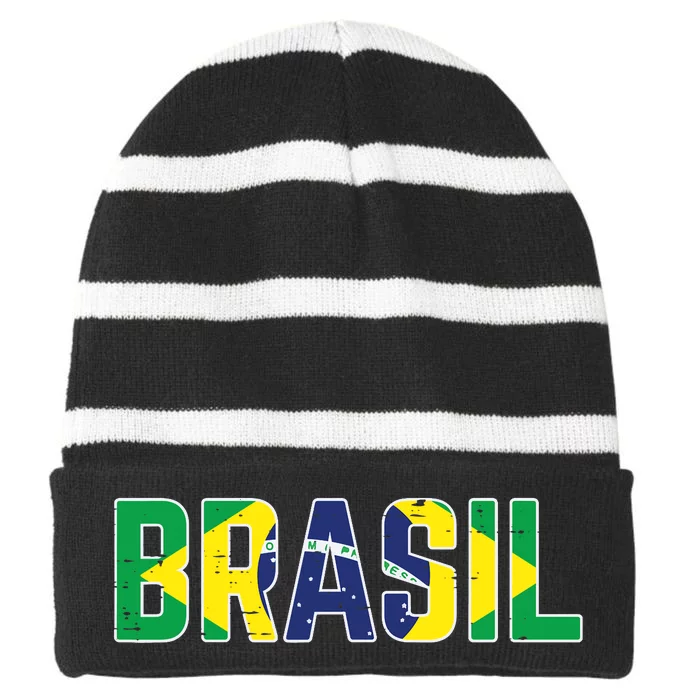 Brasil Flag Brazilian Soccer Fan Striped Beanie with Solid Band