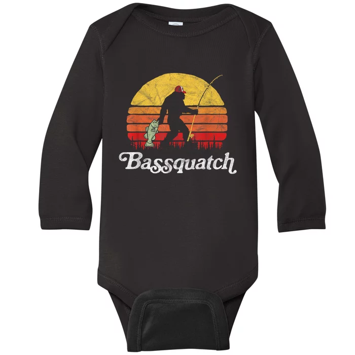 Bassquatch! Funny Bigfoot Fishing Outdoor Retro Baby Long Sleeve Bodysuit