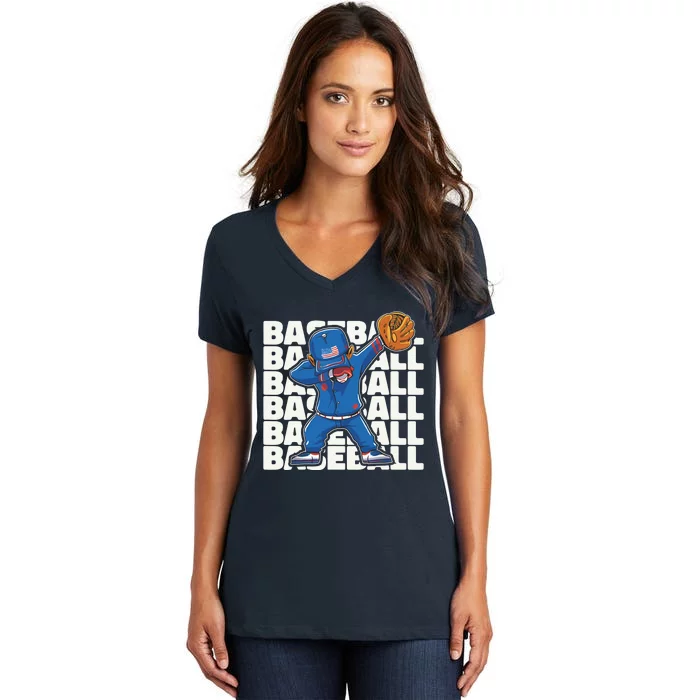 Baseball For Boy, Dabbing Baseball Player Women's V-Neck T-Shirt