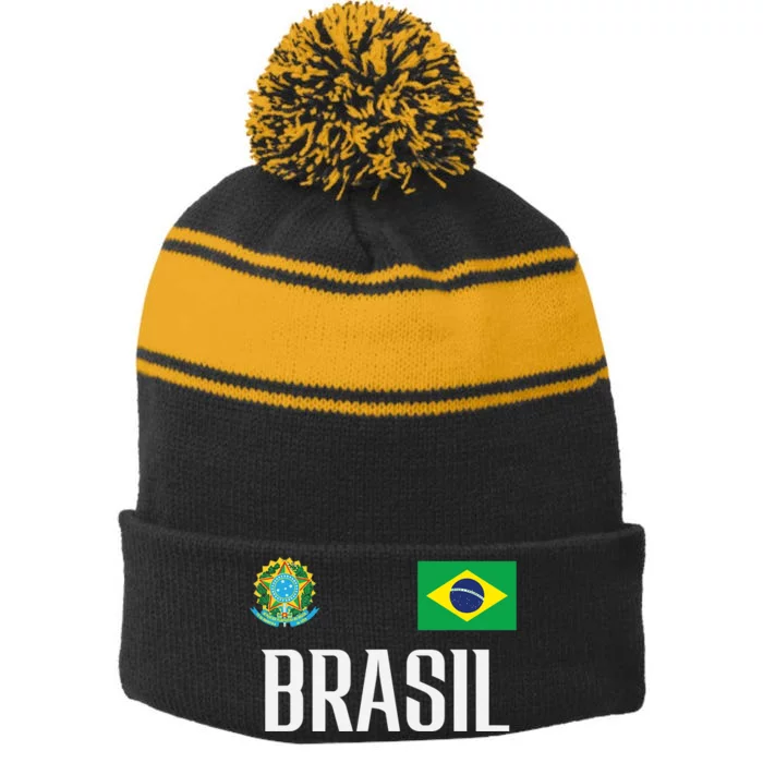 Brasil Flag Brazil Football Soccer Fan Stripe Pom Pom Beanie