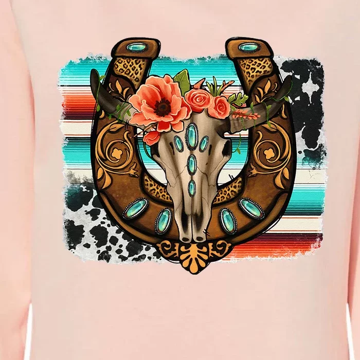 Boho Flower Bull Skull Horseshoes Western Cowhide Serape Womens California Wash Sweatshirt