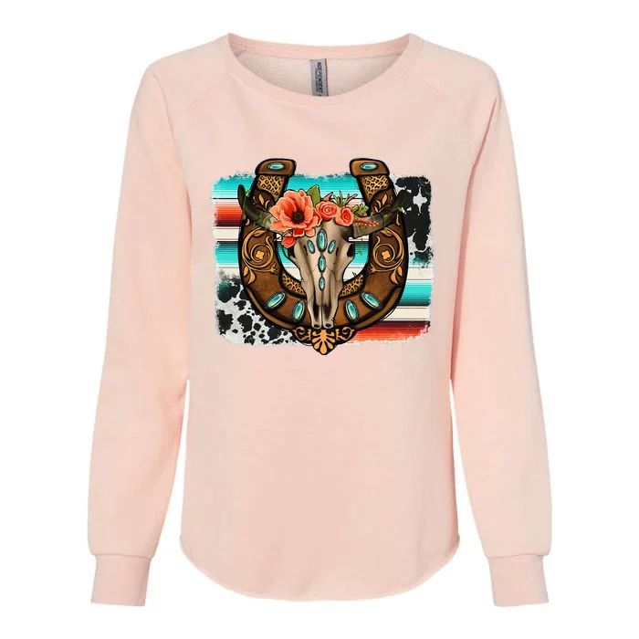 Boho Flower Bull Skull Horseshoes Western Cowhide Serape Womens California Wash Sweatshirt