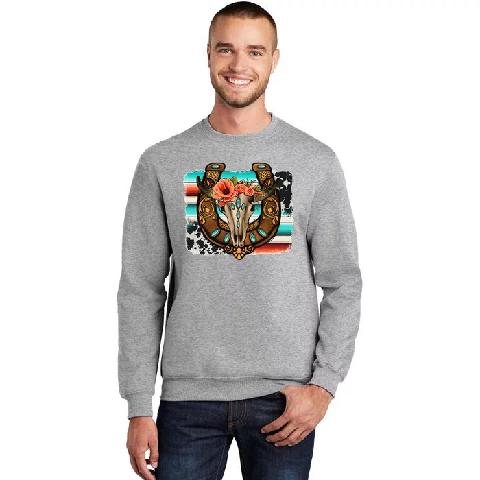 Boho Flower Bull Skull Horseshoes Western Cowhide Serape Tall Sweatshirt