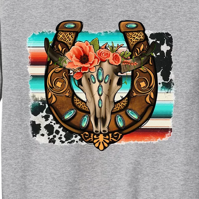 Boho Flower Bull Skull Horseshoes Western Cowhide Serape Tall Sweatshirt