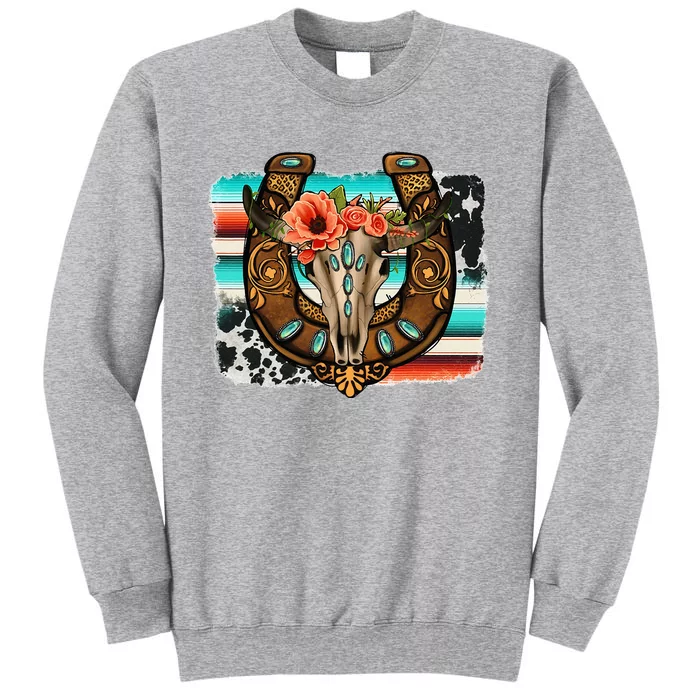 Boho Flower Bull Skull Horseshoes Western Cowhide Serape Tall Sweatshirt