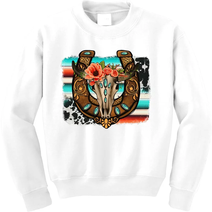 Boho Flower Bull Skull Horseshoes Western Cowhide Serape Kids Sweatshirt