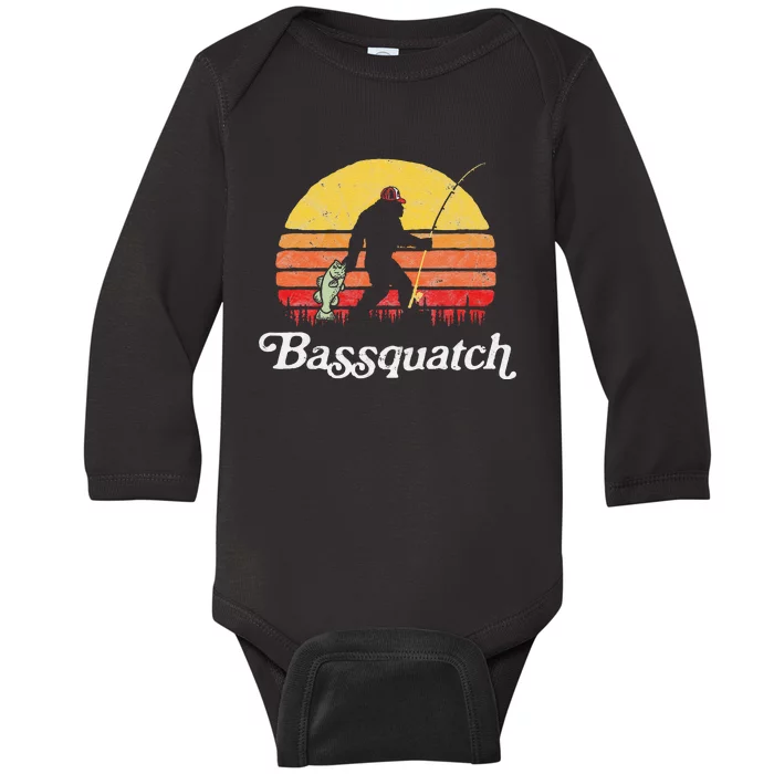 Bassquatch! Funny Bigfoot Fishing Outdoor Retro Cute Baby Long Sleeve Bodysuit