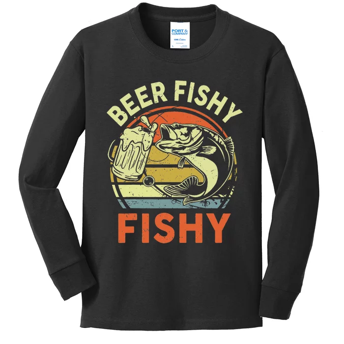 Bass Fishing Beer Fishy Reel Cool Dad Gift Funny Papa Kids Long Sleeve Shirt