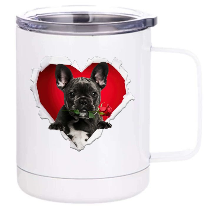 Black French Bulldog Dog Rose Heart Valentines Day Couple Gift Front & Back 12oz Stainless Steel Tumbler Cup