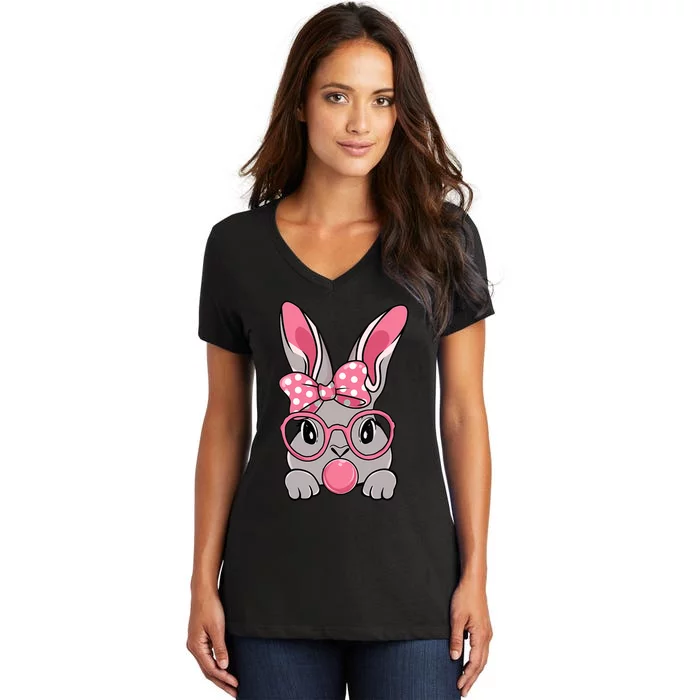 Bunny Face Bow Tie Headband Glasses Bubblegum Easter Day Women's V-Neck T-Shirt