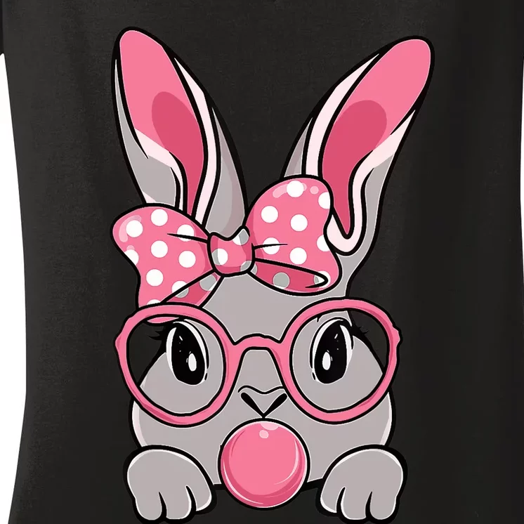 Bunny Face Bow Tie Headband Glasses Bubblegum Easter Day Women's V-Neck T-Shirt