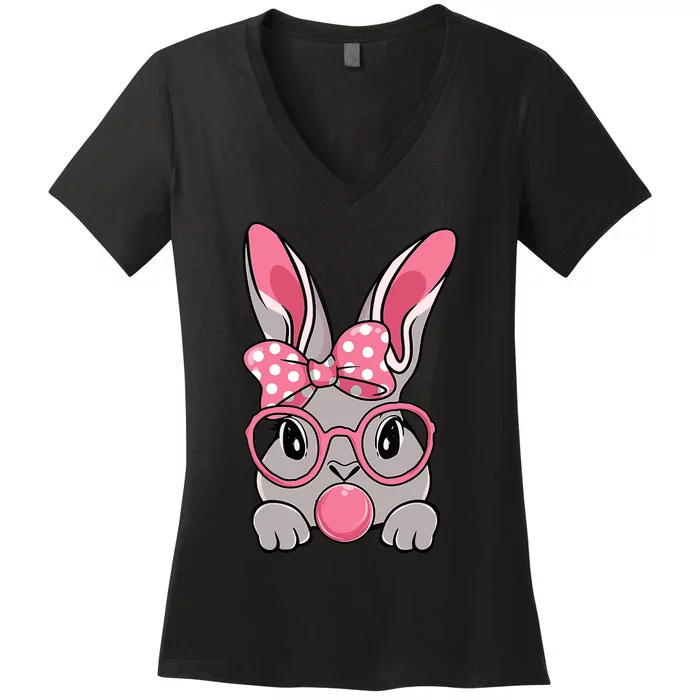 Bunny Face Bow Tie Headband Glasses Bubblegum Easter Day Women's V-Neck T-Shirt