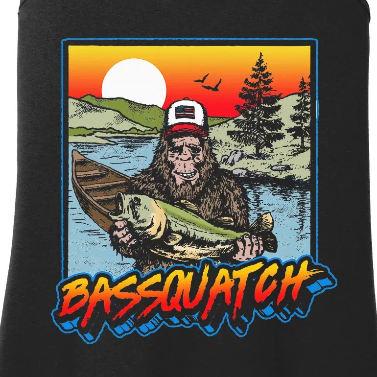 Bassquatch! Funny Bass Fishing Sasquatch Retro 80s Fisherman Ladies Essential Tank