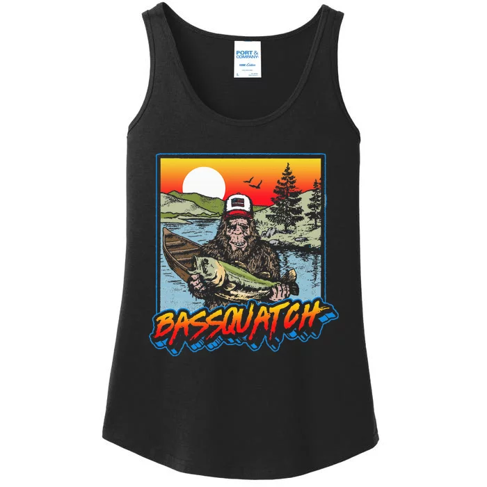 Bassquatch! Funny Bass Fishing Sasquatch Retro 80s Fisherman Ladies Essential Tank