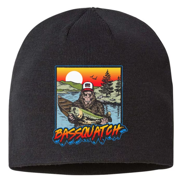 Bassquatch! Funny Bass Fishing Sasquatch Retro 80s Fisherman 8 1/2in Sustainable Knit Beanie