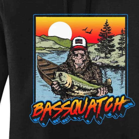 Bassquatch! Funny Bass Fishing Sasquatch Retro 80s Fisherman Women's Pullover Hoodie