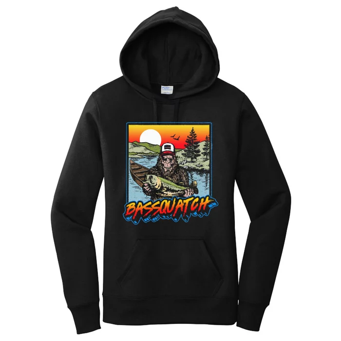 Bassquatch! Funny Bass Fishing Sasquatch Retro 80s Fisherman Women's Pullover Hoodie