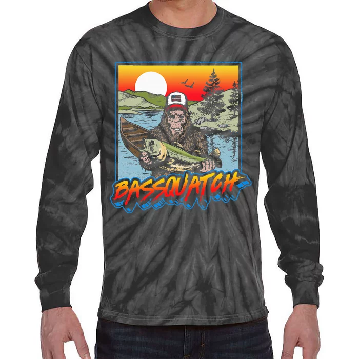 Bassquatch! Funny Bass Fishing Sasquatch Retro 80s Fisherman Tie-Dye Long Sleeve Shirt