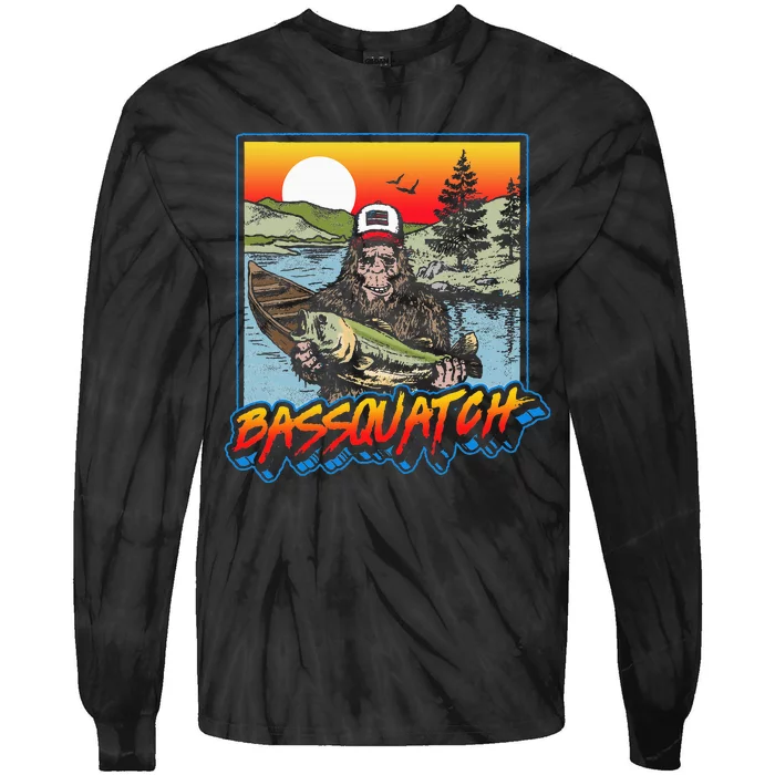 Bassquatch! Funny Bass Fishing Sasquatch Retro 80s Fisherman Tie-Dye Long Sleeve Shirt