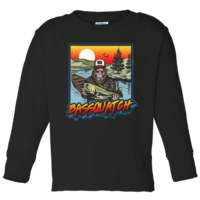 Bassquatch! Funny Bass Fishing Sasquatch Retro 80s Fisherman Toddler Long Sleeve Shirt