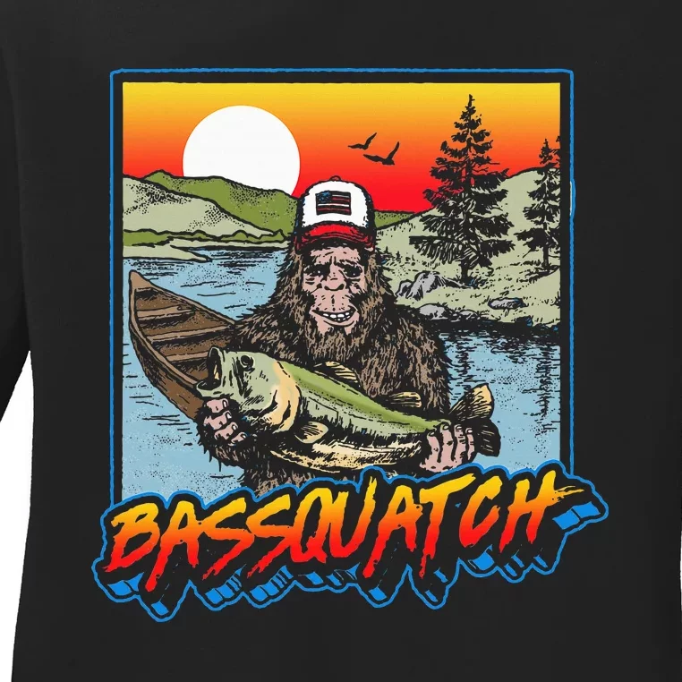 Bassquatch! Funny Bass Fishing Sasquatch Retro 80s Fisherman Ladies Long Sleeve Shirt