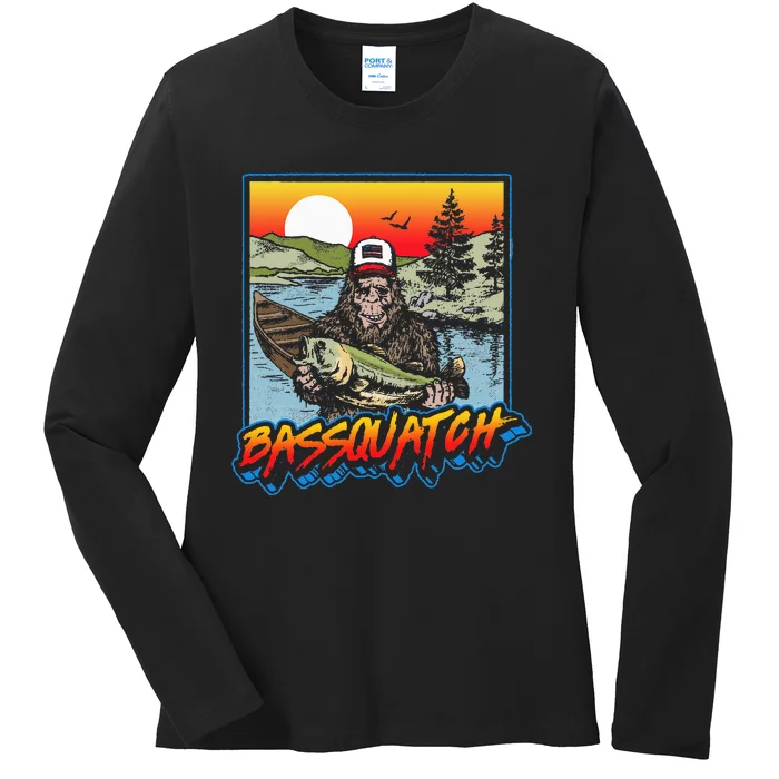 Bassquatch! Funny Bass Fishing Sasquatch Retro 80s Fisherman Ladies Long Sleeve Shirt