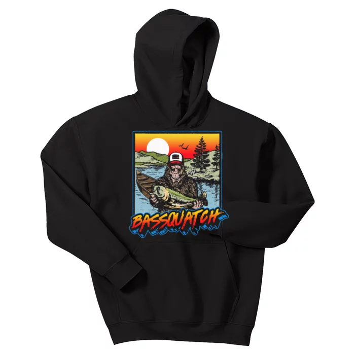 Bassquatch! Funny Bass Fishing Sasquatch Retro 80s Fisherman Kids Hoodie