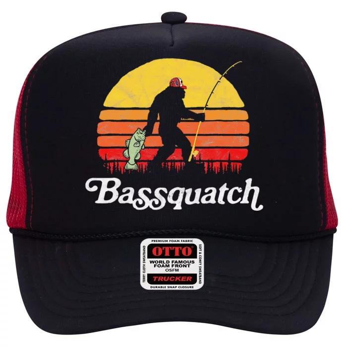 Bassquatch! Funny Bigfoot Fishing Outdoor Retro High Crown Mesh Trucker Hat