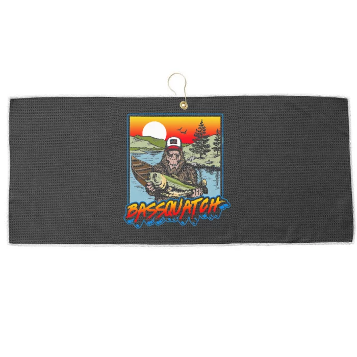 Bassquatch! Funny Bass Fishing Sasquatch Retro 80s Fisherman Large Microfiber Waffle Golf Towel