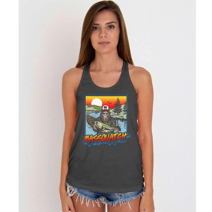 Bassquatch! Funny Bass Fishing Sasquatch Retro 80s Fisherman Women's Knotted Racerback Tank