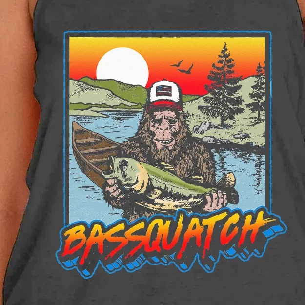 Bassquatch! Funny Bass Fishing Sasquatch Retro 80s Fisherman Women's Knotted Racerback Tank