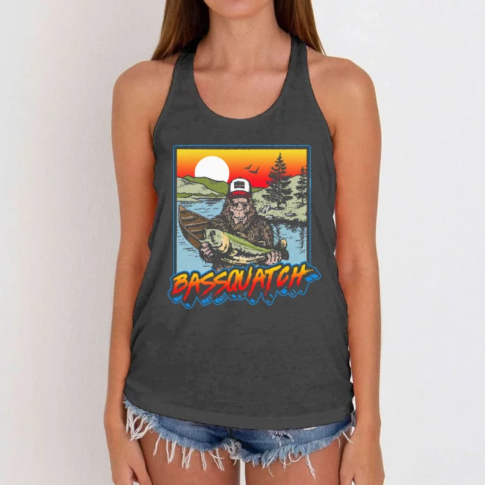 Bassquatch! Funny Bass Fishing Sasquatch Retro 80s Fisherman Women's Knotted Racerback Tank