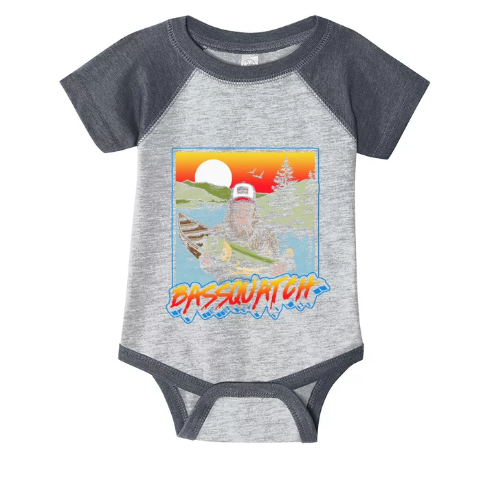 Bassquatch! Funny Bass Fishing Sasquatch Retro 80s Fisherman Infant Baby Jersey Bodysuit