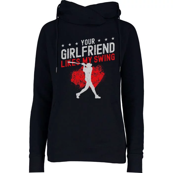 Baseball Fan Batter Vintage Your Girlfriend Likes My Swing Womens Funnel Neck Pullover Hood