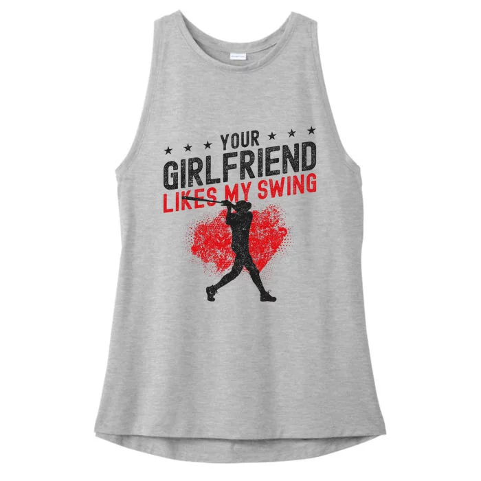 Baseball Fan Batter Vintage Your Girlfriend Likes My Swing Ladies Tri-Blend Wicking Tank