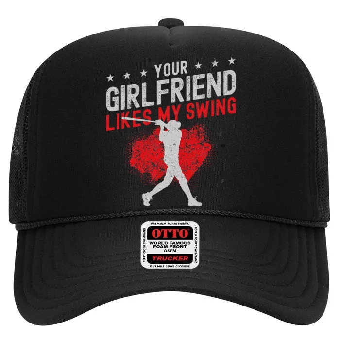 Baseball Fan Batter Vintage Your Girlfriend Likes My Swing High Crown Mesh Trucker Hat