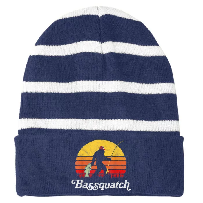 Bassquatch! Funny Bigfoot Fishing Outdoor Retro Striped Beanie with Solid Band