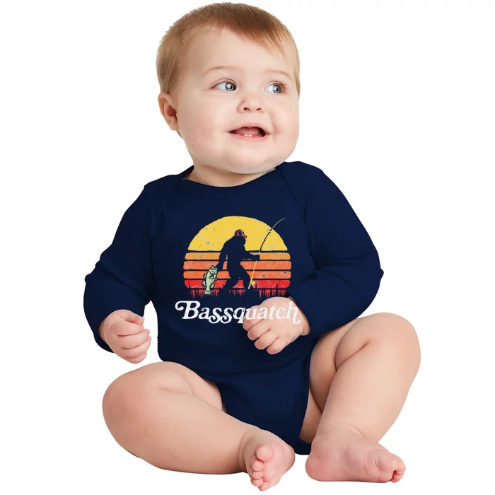 Bassquatch! Funny Bigfoot Fishing Outdoor Retro Baby Long Sleeve Bodysuit