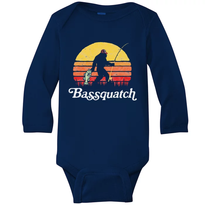 Bassquatch! Funny Bigfoot Fishing Outdoor Retro Baby Long Sleeve Bodysuit