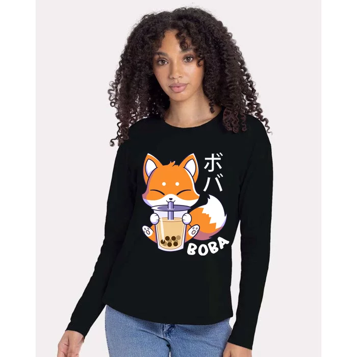 Boba Fox Bubble Tea Chibi Foxes Womens Cotton Relaxed Long Sleeve T-Shirt