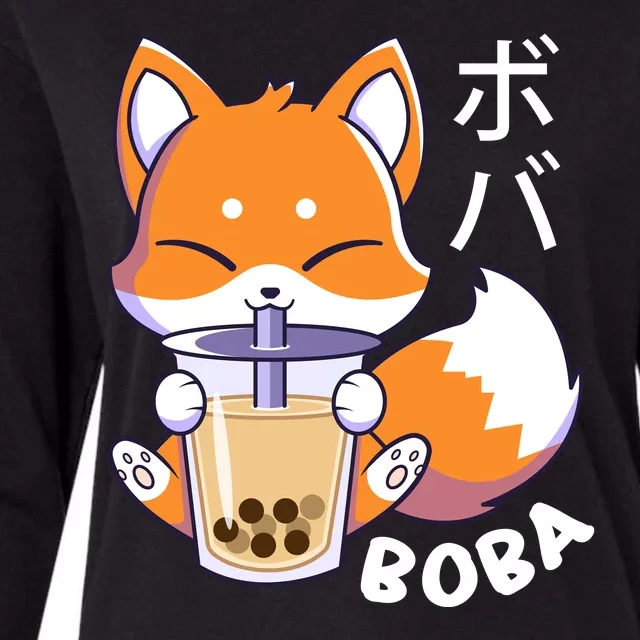 Boba Fox Bubble Tea Chibi Foxes Womens Cotton Relaxed Long Sleeve T-Shirt