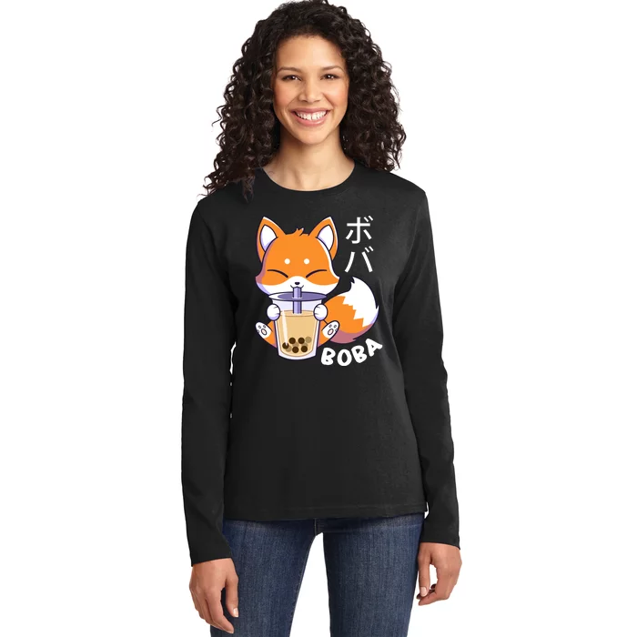 Boba Fox Bubble Tea Chibi Foxes Ladies Long Sleeve Shirt