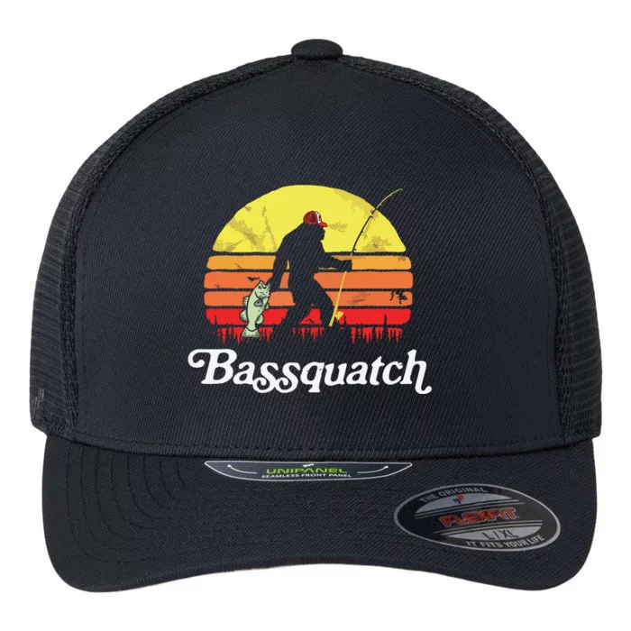 Bassquatch! Funny Bigfoot Fishing Outdoor Retro Flexfit Unipanel Trucker Cap