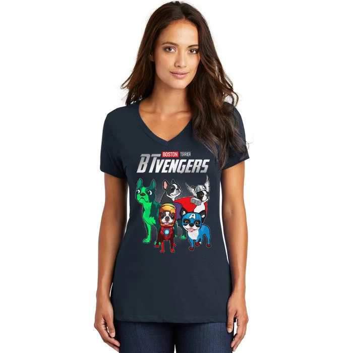 BTvengers Funny Boston Terrier Dog Lover Women's V-Neck T-Shirt