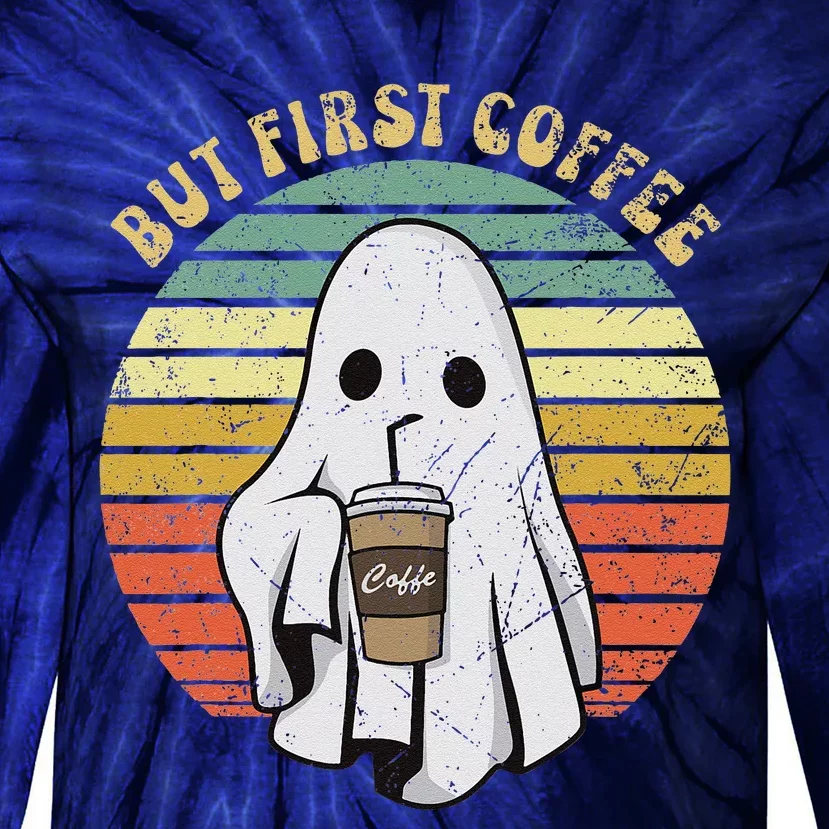 But First Coffee Retro Groovy Ghost Drinking Halloween Tie-Dye Long Sleeve Shirt