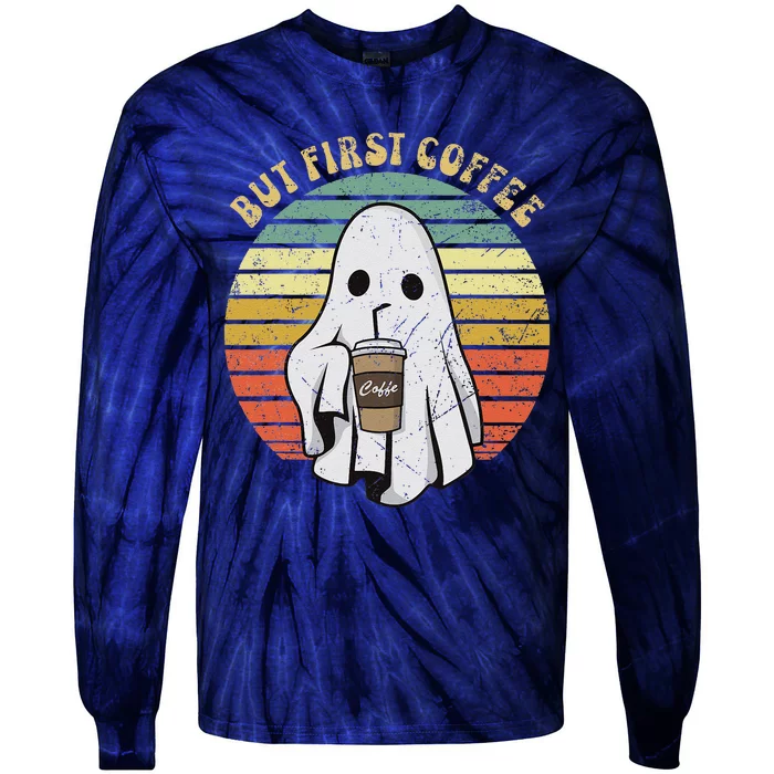 But First Coffee Retro Groovy Ghost Drinking Halloween Tie-Dye Long Sleeve Shirt